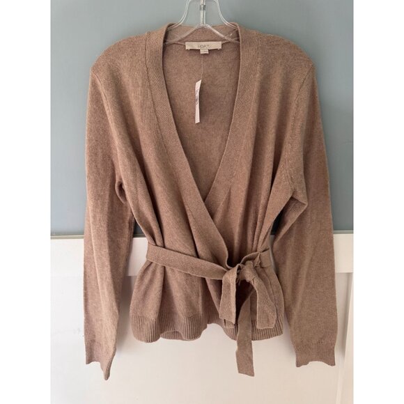 NWT Anne Taylor LOFT Tan V-Neck Chiffon Cross Tie Closure Cardigan Womens Size L - Picture 1 of 8